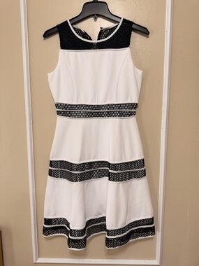 Us Angels White Fit & Flare Dress with Black Mesh Accents